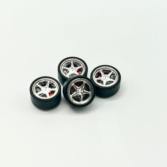 11mm Chrome/Red 5 Spoke Porsche Style Alloy Bearing Wheels - Spinners