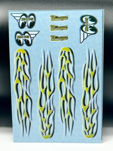 Mooneyes Flames White Toner Waterslide Decal for 1:64 Scale.