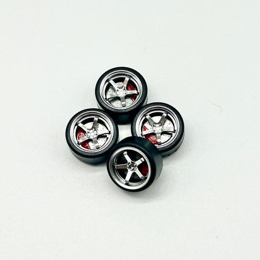 11mm Silver w Red Caliper 5 Spokes Bearing Wheels. (Spinner)