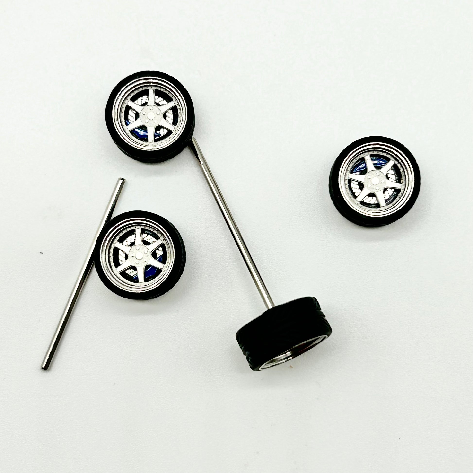 10mm “TE37” 6 Spokes Silver & Blue Caliper Bearing Wheels (spinners)