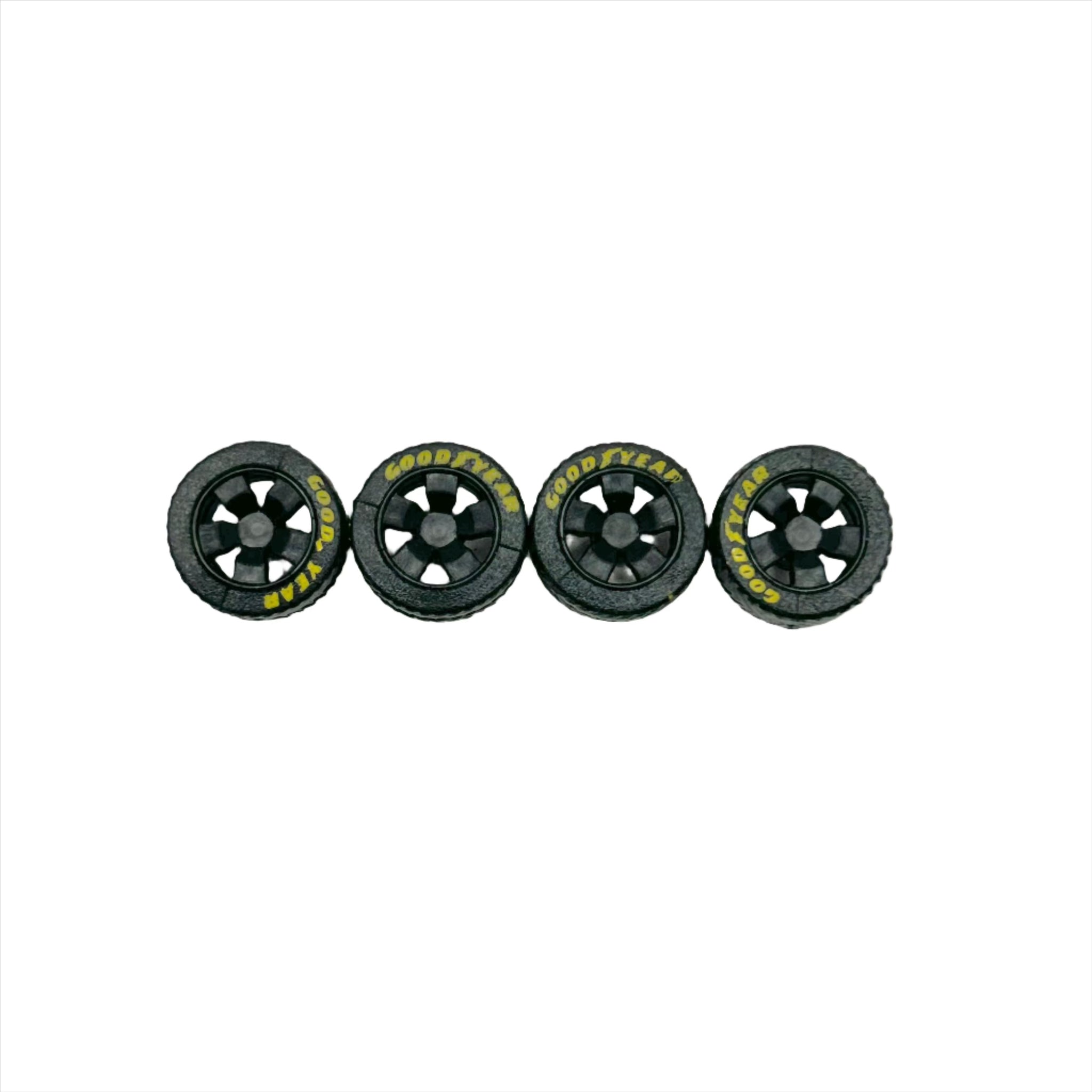 NEW #230 - Black Thick 5 Spokes “Squarebody” Wheels with Yellow Lettered Tires.