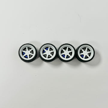 NEW- 10mm White w/ Blue Caliper TE37 “Vortex” Alloy Bearing Wheels. (Spinner)