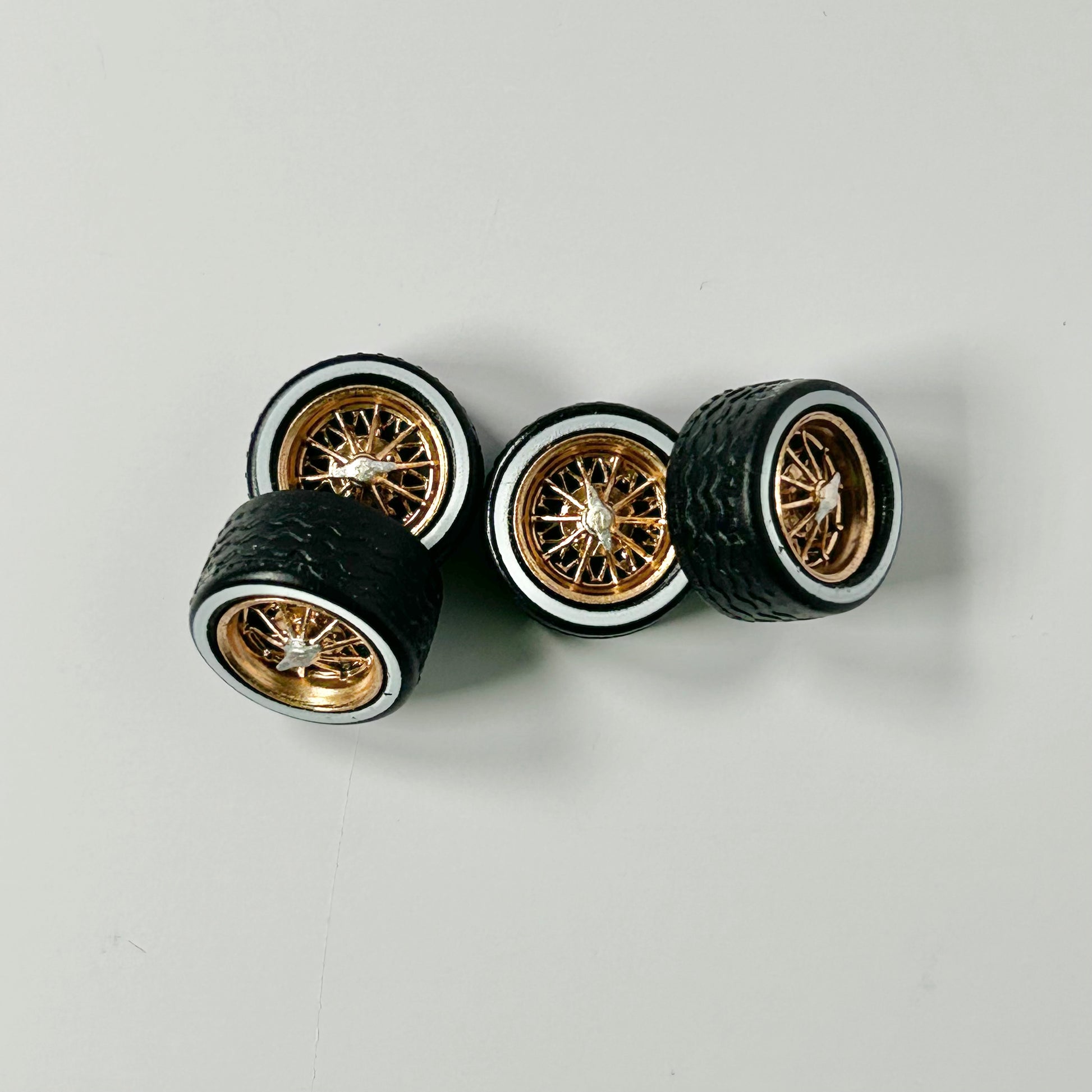 Golden Reverse 30s Wire Wheels with White Wall Rubber Tires
