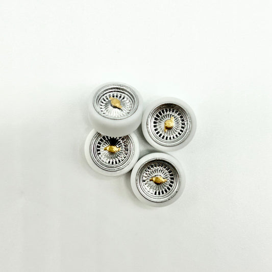(Limited Run) 10.5mm Chrome & Gold 25 Spokes Wheels With White Rubber Tires