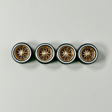 Golden Reverse 30s Wire Wheels with White Wall Rubber Tires