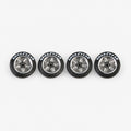 Four chrome five-spoke Ferrari-style miniature wheels with black lettered tires