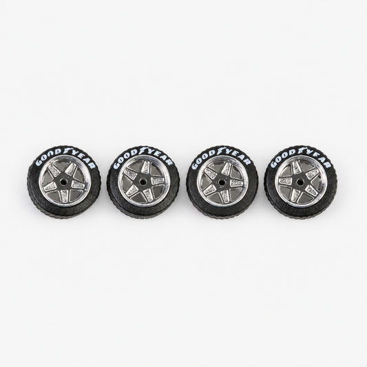 Four chrome five-spoke Ferrari-style miniature wheels with black lettered tires