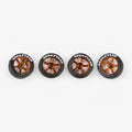 Four bronze five-spoke miniature wheels with black lettered tires