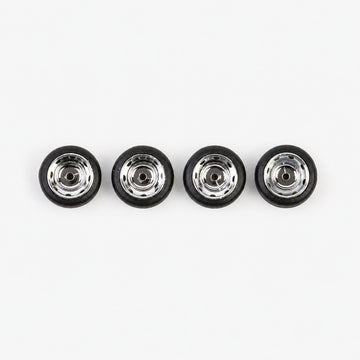 Four chrome Steely-style miniature wheels with black low-profile tires