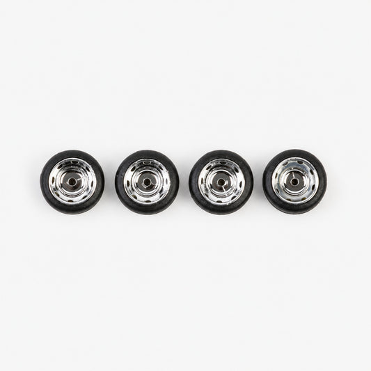 Four chrome Steely-style miniature wheels with black low-profile tires