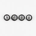 Four chrome ten-spoke deep-dish miniature wheels with black low-profile tires