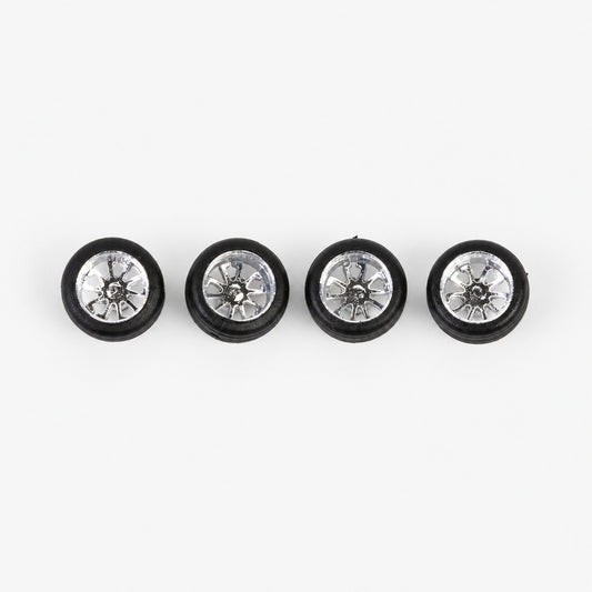 Four chrome ten-spoke deep-dish miniature wheels with black low-profile tires