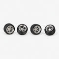 Four chrome five-spoke Cragar-style miniature wheels with black tires