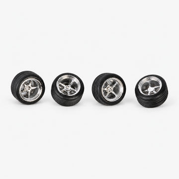 Four chrome five-spoke Cragar-style miniature wheels with black tires