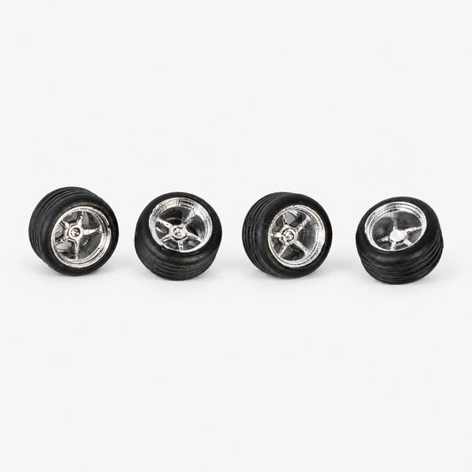 Four chrome five-spoke Cragar-style miniature wheels with black tires
