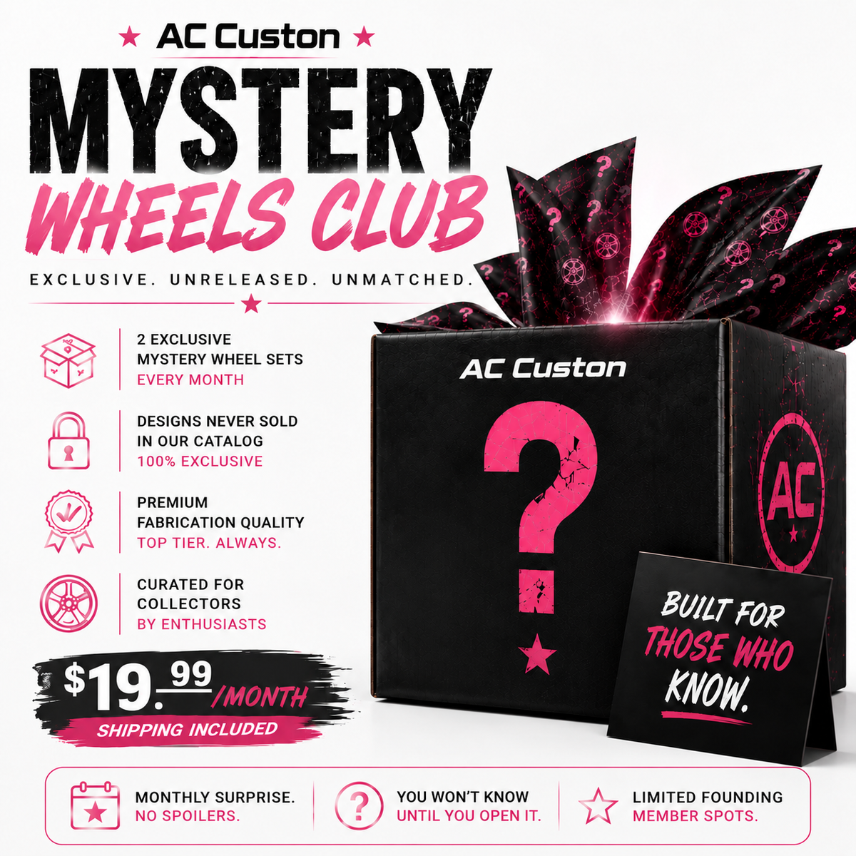 AC Custon Mystery Wheels Club — $19.99 per month, shipping included.