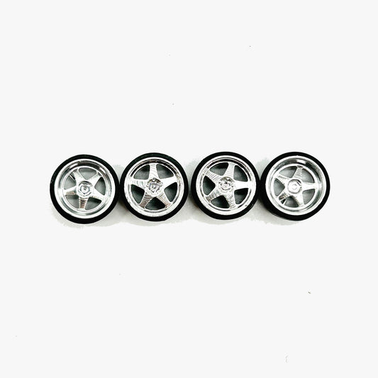Four chrome five-spoke Racers miniature wheels with black tires